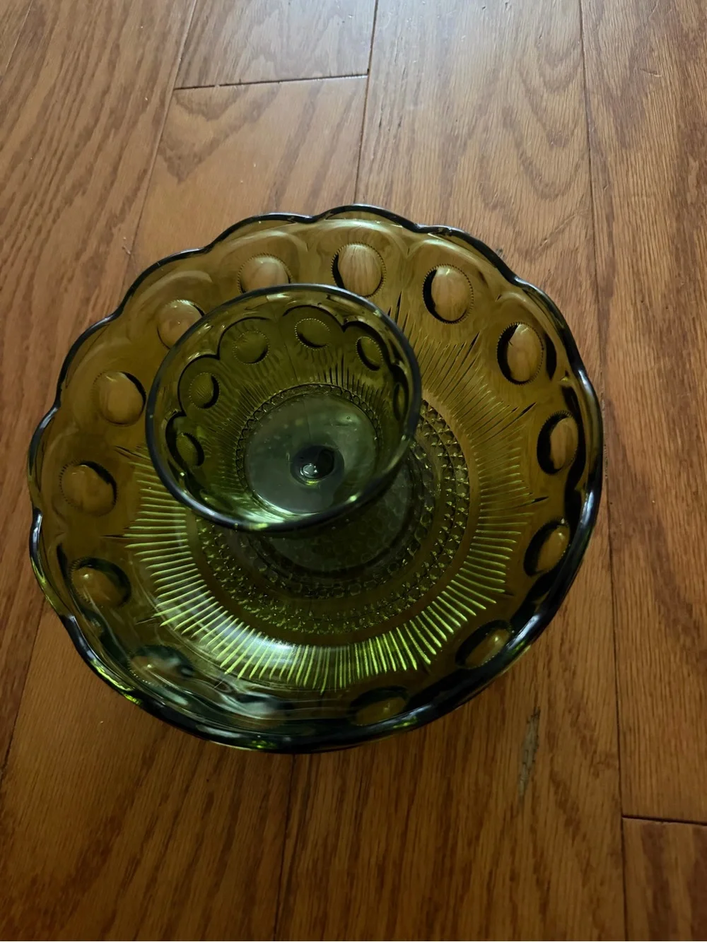 Vintage Olive Green Glass Chip & Dip Bowl Set Scallop Dotted Kitchen Home Decor